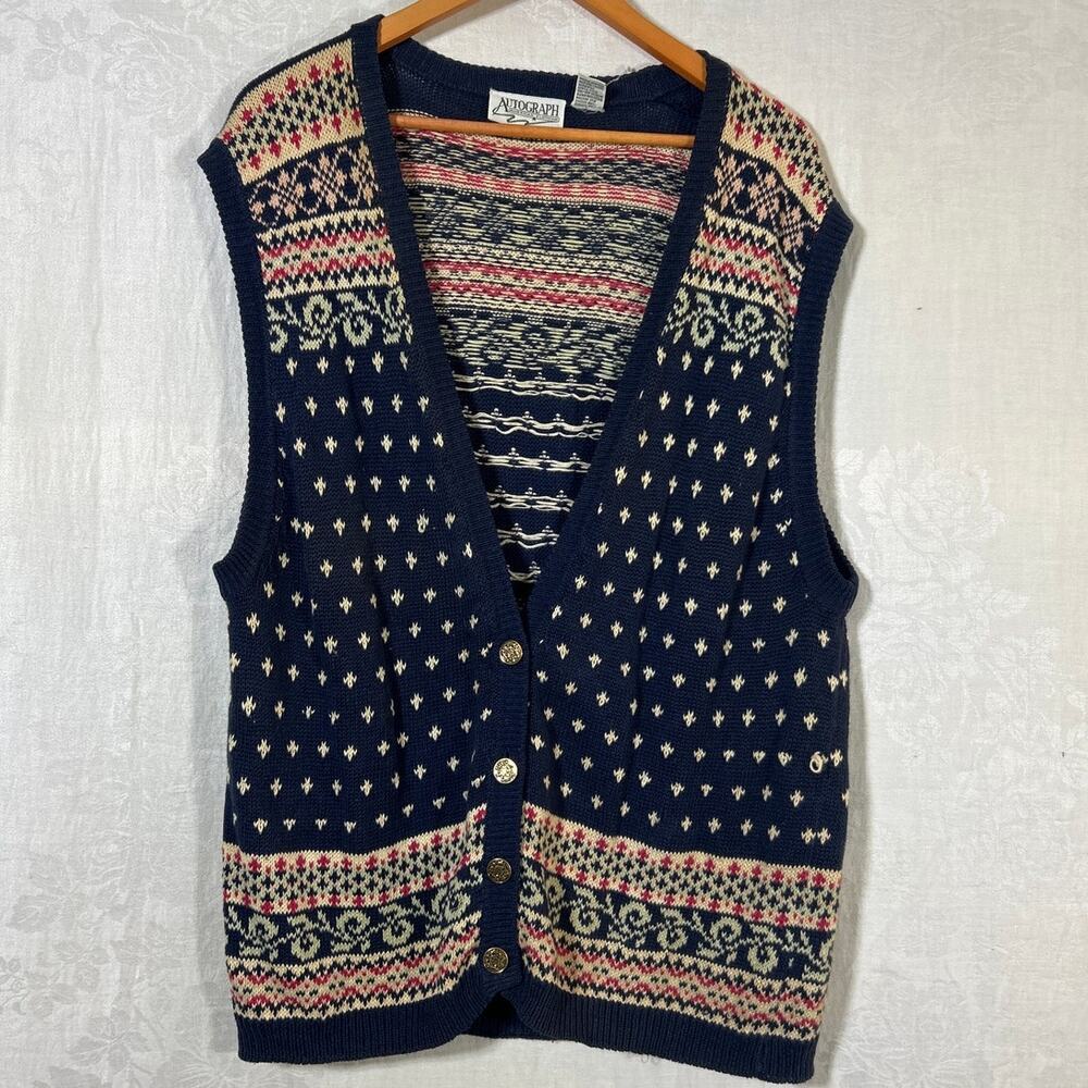 Vintage Cardigan Sweater Vest Medium Navy Blue Cream Pink Nordic Winter